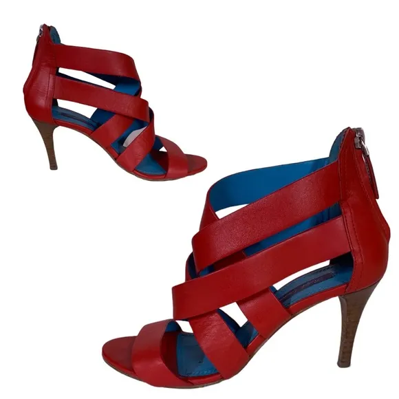 RALPH LAUREN COLLECTION PURPLE LABEL RED LEATHER STRAPPY HEELS (37.5B)