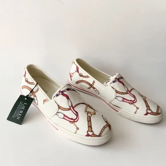 Ralph Lauren Jinny Canvas Sneaker Loafer Fashion Gold Logo White Red Blue Shoes