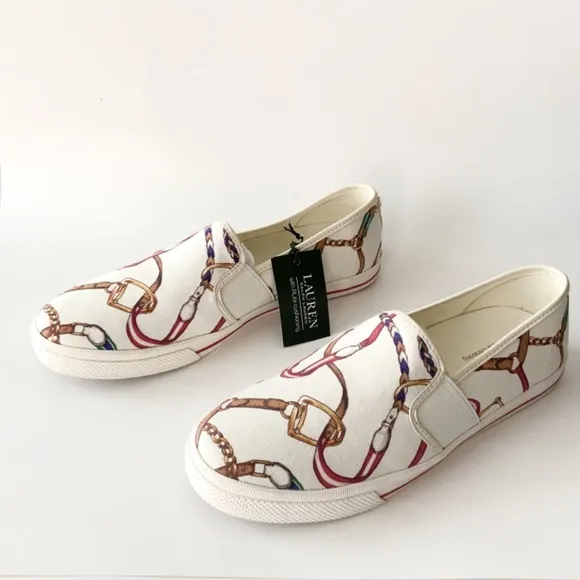 Ralph Lauren Jinny Canvas Sneaker Loafer Fashion Gold Logo White Red Blue Shoes