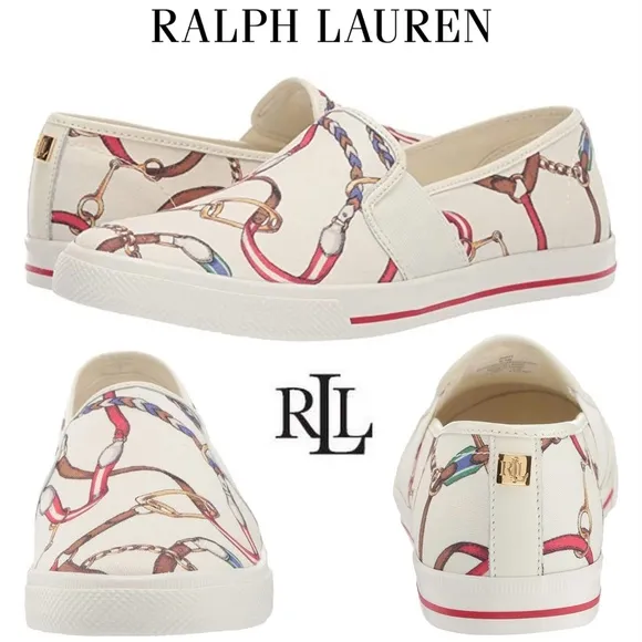Ralph Lauren Jinny Canvas Sneaker Loafer Fashion Gold Logo White Red Blue Shoes