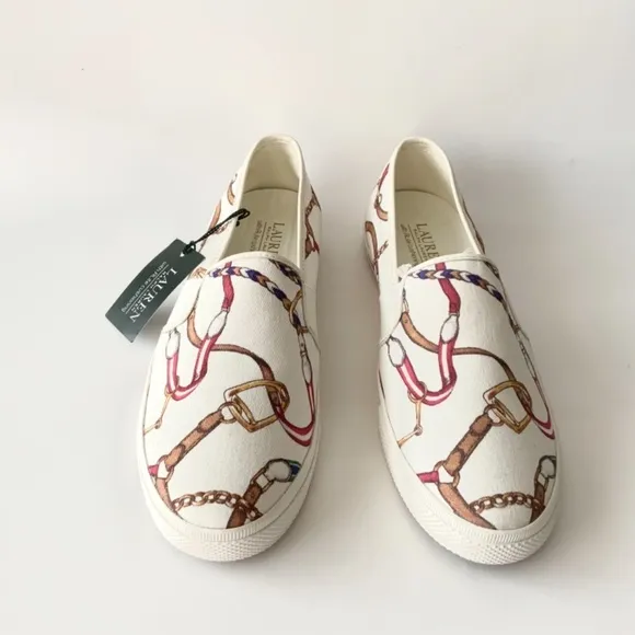 Ralph Lauren Jinny Canvas Sneaker Loafer Fashion Gold Logo White Red Blue Shoes