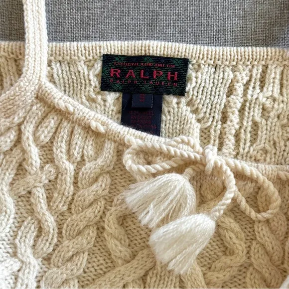 Ralph Lauren Vintage Cropped Wool Aran Knit Sweater Tank Cream Froth | S