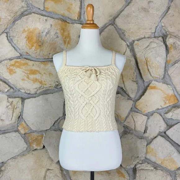 Ralph Lauren Vintage Cropped Wool Aran Knit Sweater Tank Cream Froth | S