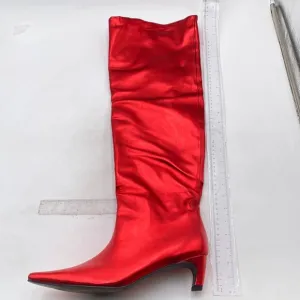 Red Comfortable Low Heel Pull on Stylish Knee High Boots Square Toe Long Boots