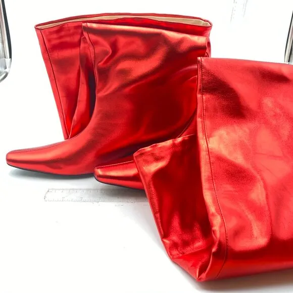 Red Comfortable Low Heel Pull on Stylish Knee High Boots Square Toe Long Boots