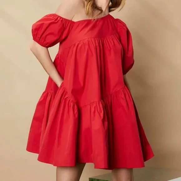 Red Puff Sleeve Ruffle Hem Asymmetrical Neck Smock Dress