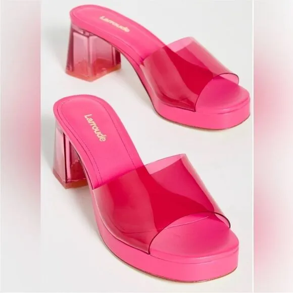 Revolve Larroude Jenn Pink Lucite Chunky Block Heel Sandals