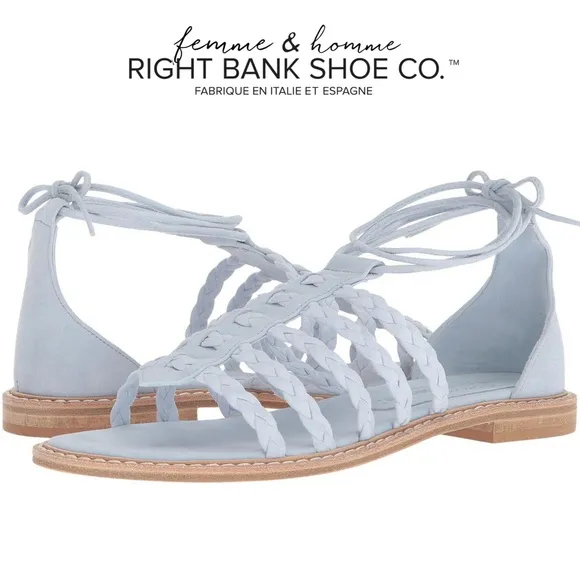 Right Bank Shoe Co Babe Blue Suede Leather Flat Sandals - Made in Italy  6.5