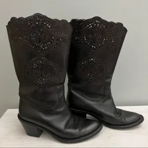 Roberto Cavalli Dark Brown Lace Design Leather Western Boot Size EU 40 US 9