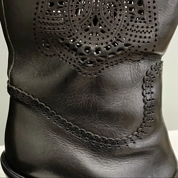 Roberto Cavalli Dark Brown Lace Design Leather Western Boot Size EU 40 US 9