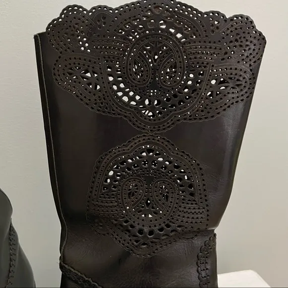 Roberto Cavalli Dark Brown Lace Design Leather Western Boot Size EU 40 US 9