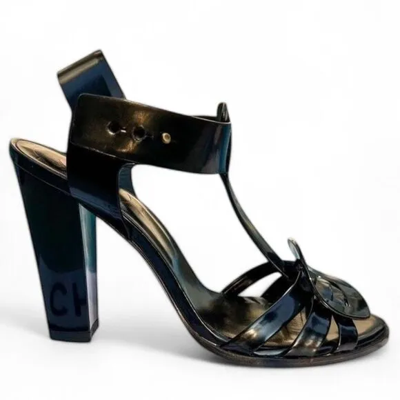 ROGER VIVIER Black Open Toe Signature Buckle Block Heel Sandals Size IT3…