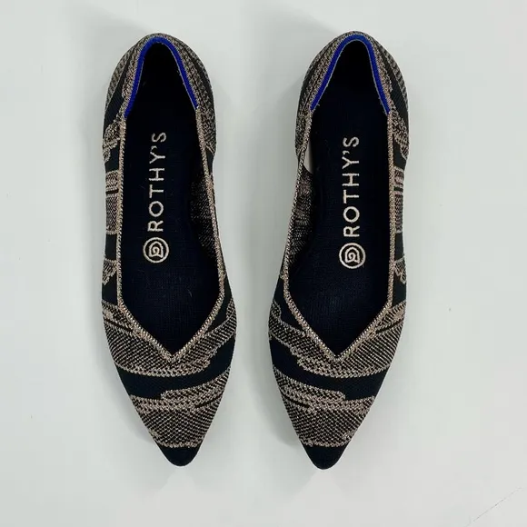 Rothy's The Point Golden Shimmer Shoes Knit Slip On comfort Flats Black Gold 6.5