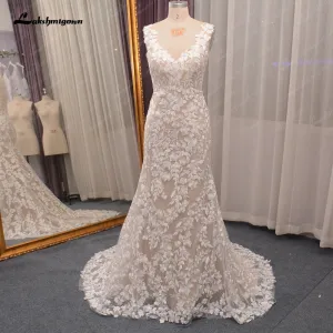 Roycebridal Lace Mermaid Boho Open Back Wedding Dress with V Neck  Boho Bridal vestido de boda corte sirena