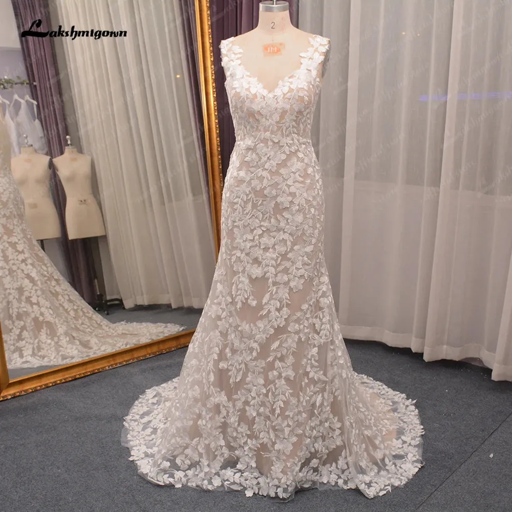 Roycebridal Lace Mermaid Boho Open Back Wedding Dress with V Neck  Boho Bridal vestido de boda corte sirena