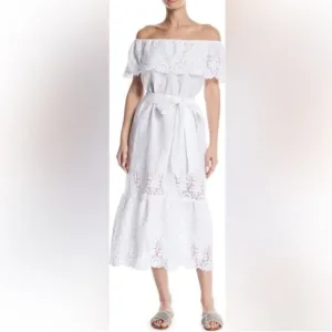 RTR Miguelina‎ Lisselle Linen Off White Off The Shoulder Lace Midi Dress Sz M