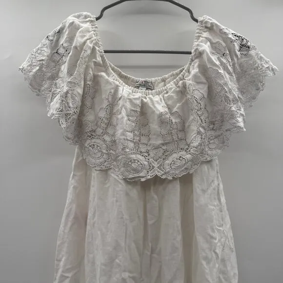 RTR Miguelina‎ Lisselle Linen Off White Off The Shoulder Lace Midi Dress Sz M