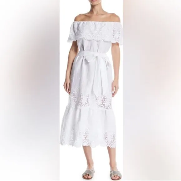 RTR Miguelina‎ Lisselle Linen Off White Off The Shoulder Lace Midi Dress Sz M