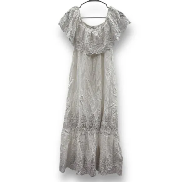 RTR Miguelina‎ Lisselle Linen Off White Off The Shoulder Lace Midi Dress Sz M
