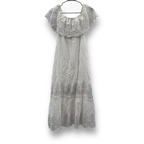 RTR Miguelina‎ Lisselle Linen Off White Off The Shoulder Lace Midi Dress Sz M