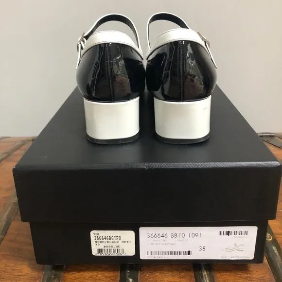 Saint Laurent Black and White Mary Jane Patent Leather Shoes $895