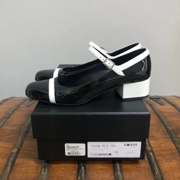 Saint Laurent Black and White Mary Jane Patent Leather Shoes $895