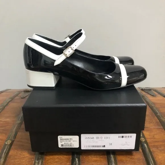 Saint Laurent Black and White Mary Jane Patent Leather Shoes $895
