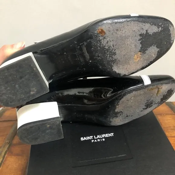 Saint Laurent Black and White Mary Jane Patent Leather Shoes $895