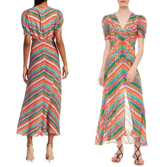 SALONI Silk Rainbow Floral Stripe Puffed Short Sleeve Button Front Midi Dress 4