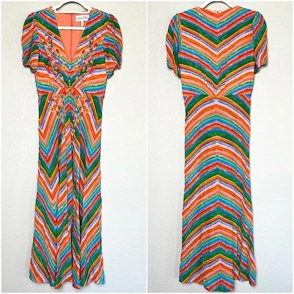 SALONI Silk Rainbow Floral Stripe Puffed Short Sleeve Button Front Midi Dress 4