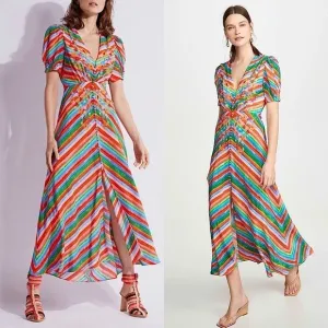 SALONI Silk Rainbow Floral Stripe Puffed Short Sleeve Button Front Midi Dress 4