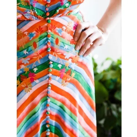 SALONI Silk Rainbow Floral Stripe Puffed Short Sleeve Button Front Midi Dress 4