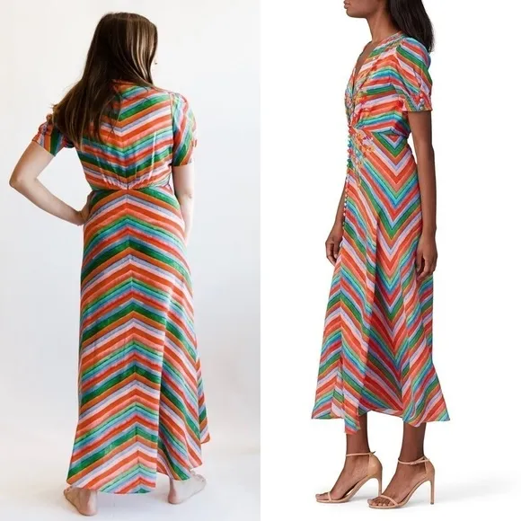 SALONI Silk Rainbow Floral Stripe Puffed Short Sleeve Button Front Midi Dress 4