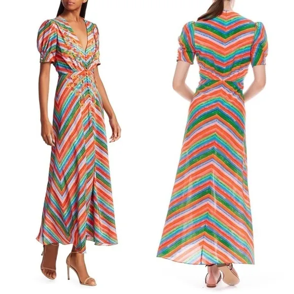 SALONI Silk Rainbow Floral Stripe Puffed Short Sleeve Button Front Midi Dress 4