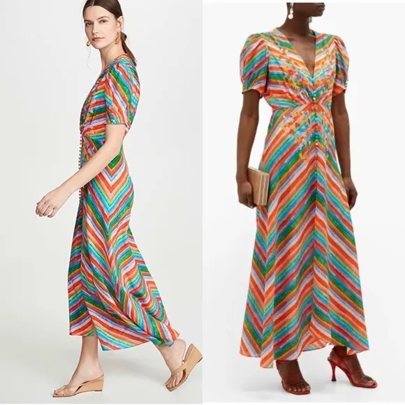 SALONI Silk Rainbow Floral Stripe Puffed Short Sleeve Button Front Midi Dress 4
