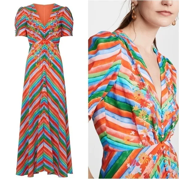 SALONI Silk Rainbow Floral Stripe Puffed Short Sleeve Button Front Midi Dress 4