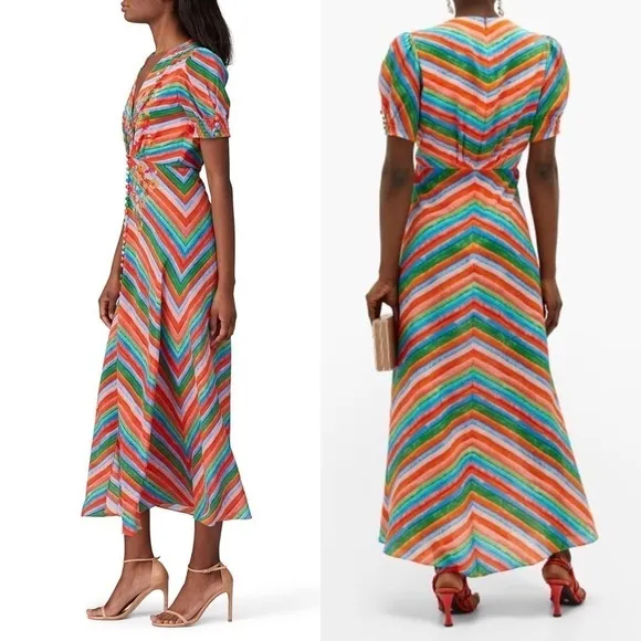 SALONI Silk Rainbow Floral Stripe Puffed Short Sleeve Button Front Midi Dress 4