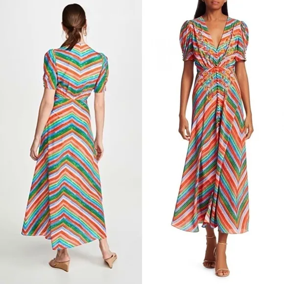SALONI Silk Rainbow Floral Stripe Puffed Short Sleeve Button Front Midi Dress 4