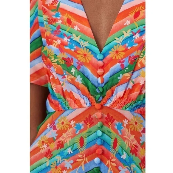 SALONI Silk Rainbow Floral Stripe Puffed Short Sleeve Button Front Midi Dress 4