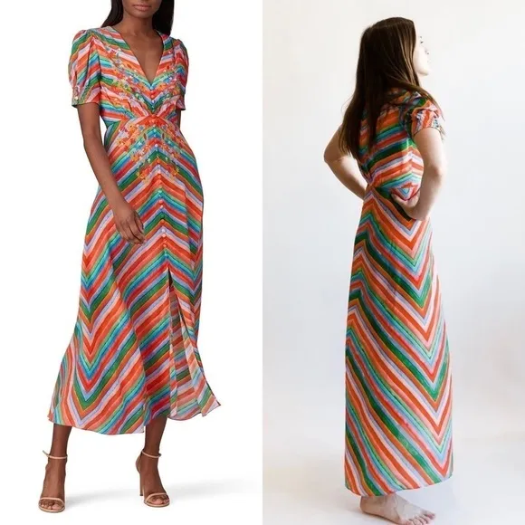 SALONI Silk Rainbow Floral Stripe Puffed Short Sleeve Button Front Midi Dress 4