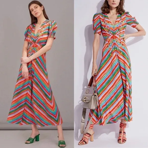 SALONI Silk Rainbow Floral Stripe Puffed Short Sleeve Button Front Midi Dress 4