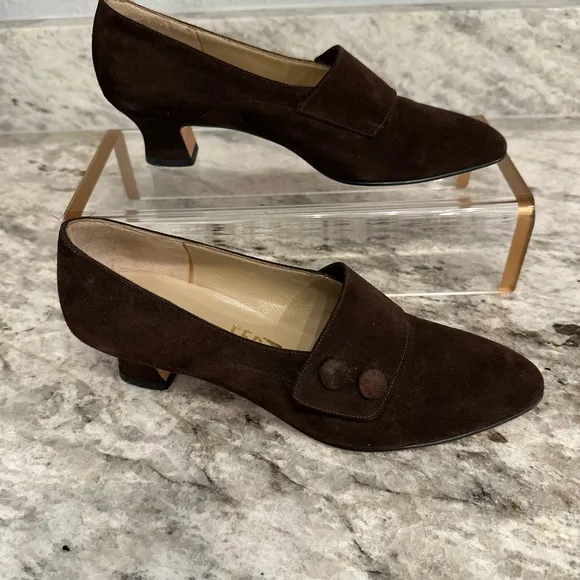 SALVATORE FERRAGAMO block heel pumps Women's 7B brown Suede