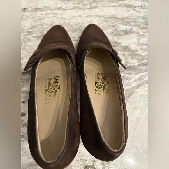 SALVATORE FERRAGAMO block heel pumps Women's 7B brown Suede