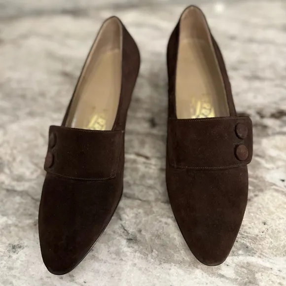 SALVATORE FERRAGAMO block heel pumps Women's 7B brown Suede