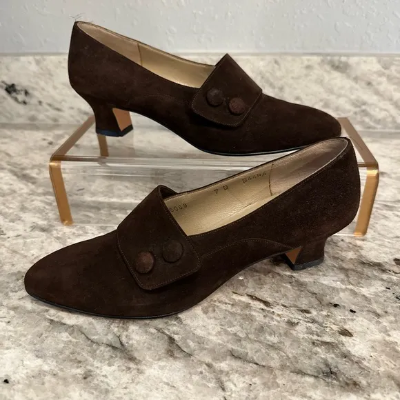 SALVATORE FERRAGAMO block heel pumps Women's 7B brown Suede