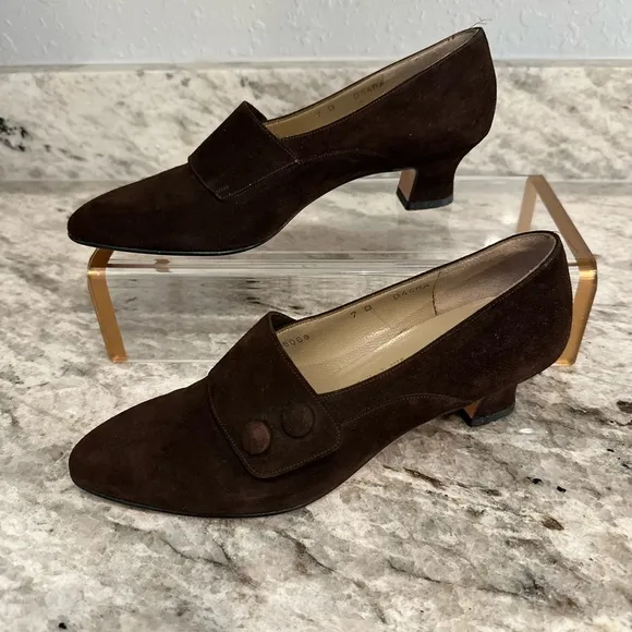 SALVATORE FERRAGAMO block heel pumps Women's 7B brown Suede