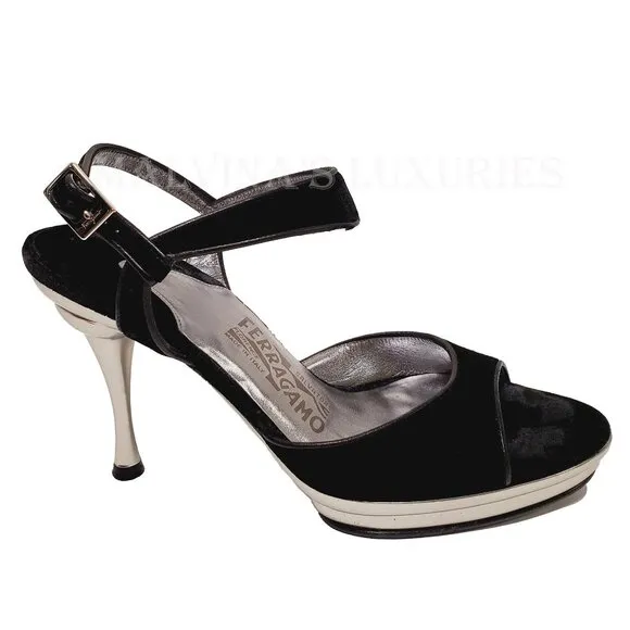SALVATORE FERRAGAMO SHOES BLACK VELVET BRAY HIGH HEEL SANDALS sz 7.5