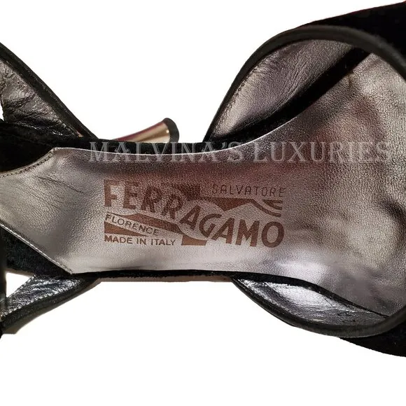 SALVATORE FERRAGAMO SHOES BLACK VELVET BRAY HIGH HEEL SANDALS sz 7.5