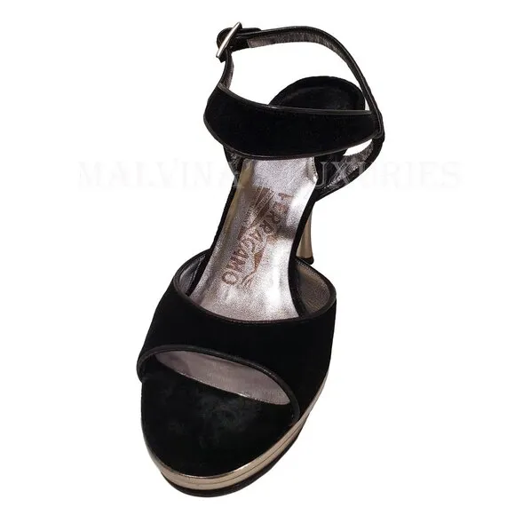 SALVATORE FERRAGAMO SHOES BLACK VELVET BRAY HIGH HEEL SANDALS sz 7.5