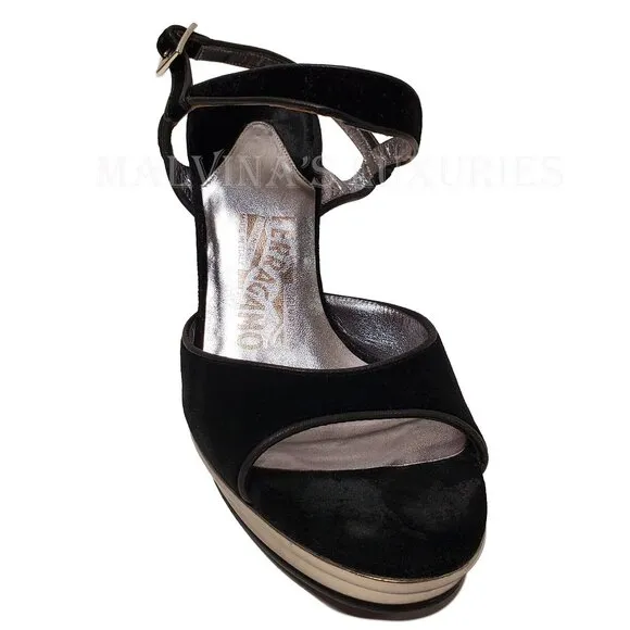 SALVATORE FERRAGAMO SHOES BLACK VELVET BRAY HIGH HEEL SANDALS sz 7.5
